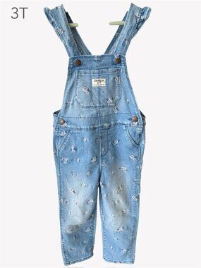 💙2/$25 3T OshKosh Toddler Girl Floral Blue Jean Denim Overalls Romper Spring